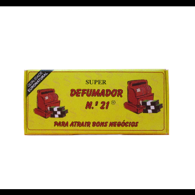 Embalagem amarela de defumador N.º 21 com texto e imagens vermelhas e pretas