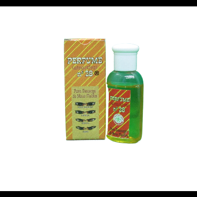 Frasco de perfume verde com rótulo vermelho e caixa amarela laranja ao lado