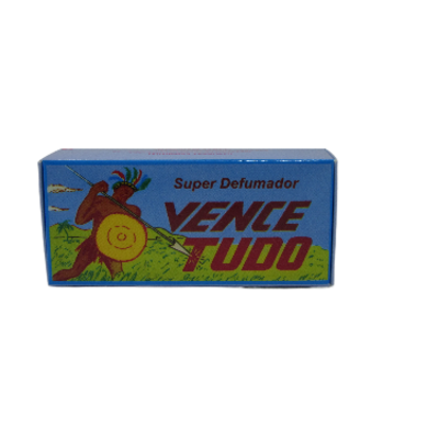 Caixa azul de Super Defumador VENCE TUDO com ilustração de indígena e texto em vermelho e amarelo