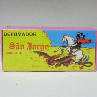 Caixa colorida do defumador São Jorge com ilustração de São Jorge a cavalo.