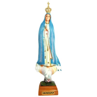 Estátua da Virgem de Fátima com manto azul e coroa dourada