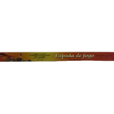 Embalagem de incenso 'Espada de fogo' vermelha e amarela com imagem de fogo