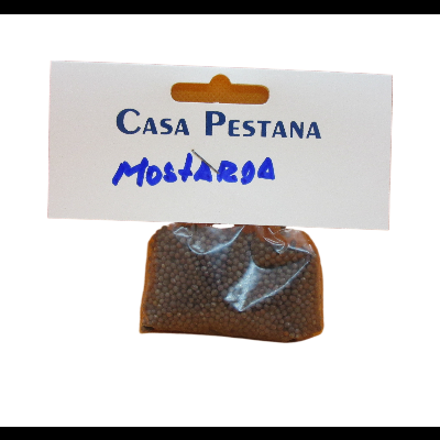 Pacote transparente com sementes de mostarda e etiqueta branca Casa Pestana Mostarda