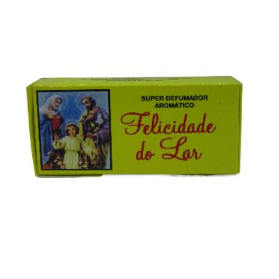 Embalagem amarela de Super Defumador Aromático 'Felicidade do Lar' com imagem religiosa.