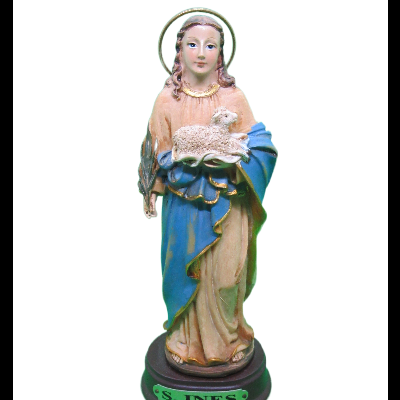 Estátua religiosa de S. Inês com túnica e manto azul