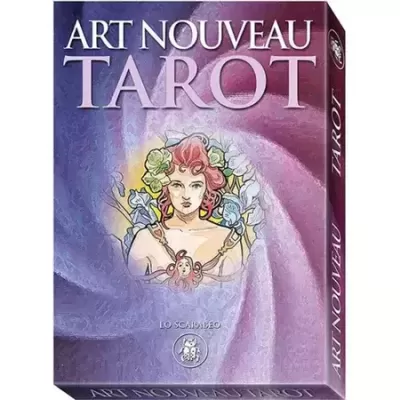 Caixa de baralho de tarot Art Nouveau com ilustração central de mulher e fundo em tons de roxo