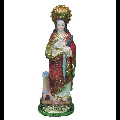 Estátua da Santa Bárbara com detalhes dourados e vermelhos