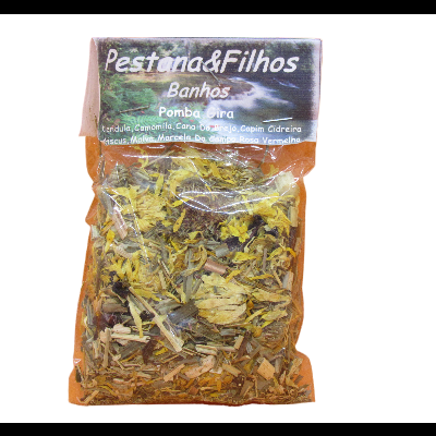 Pacote de ervas secas para banho Pomba Gira da Pestana & Filhos em embalagem transparente com etiqueta preta e branca