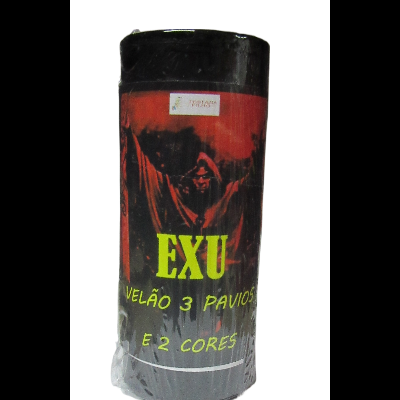 Velão preto, vermelho e castanho com texto 'EXU VELÃO 3 PAVIOS E 2 CORES' e figura encapuzada