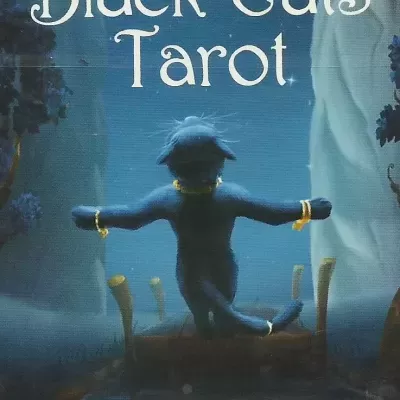 Capa do baralho Black Cats Tarot com gato negro e lua com rosto de gato branco