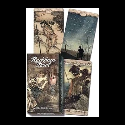 Cartas de tarô Rackham Tarot mostrando diferentes ilustrações e caixa do baralho