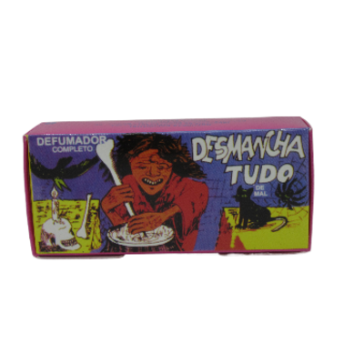Embalagem colorida com texto Desmancha Tudo e Defumador Completo