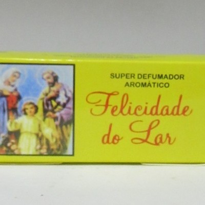 Caixa amarela de defumador aromático com texto e imagem religiosa