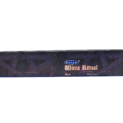 Incensos Satya Wicca Ritual Rose em embalagem retangular escura com padrão geométrico