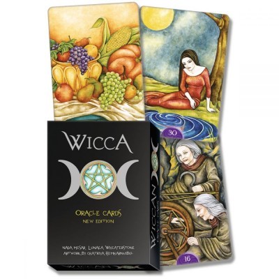 Cartas oráculo Wicca com caixa preta e ilustrações coloridas de frutas e figuras femininas