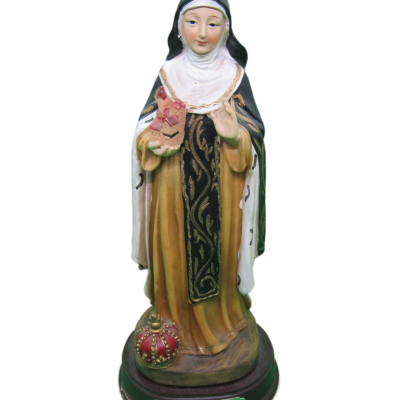 Estátua colorida de Santa Edwiges com coroa na base