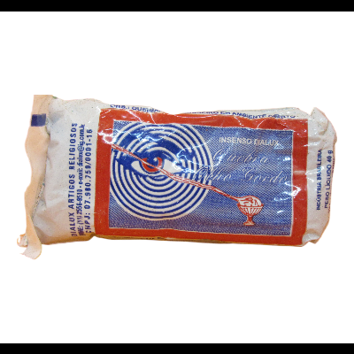 Barra de sabão embalada em papel com design azul, vermelho e branco e texto impresso