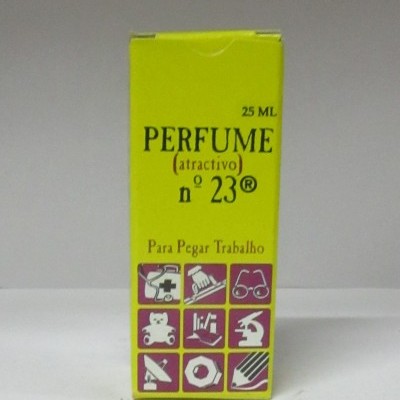 Caixa de perfume amarelo com texto e ícones de profissões