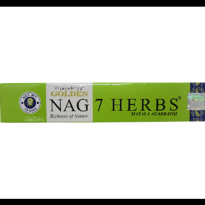 Embalagem verde de incenso Golden Nag 7 Herbs com texto e logótipo