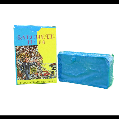 Sabonete Nº 14 embalagem azul e amarela com barra de sabonete azul