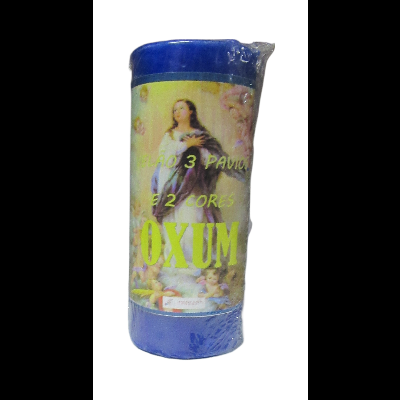 Vela azul com rótulo religioso e texto Oxum