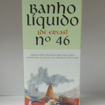 Embalagem retangular de Banho Líquido de Ervas n° 46 com texto e imagem de defesa pessoal
