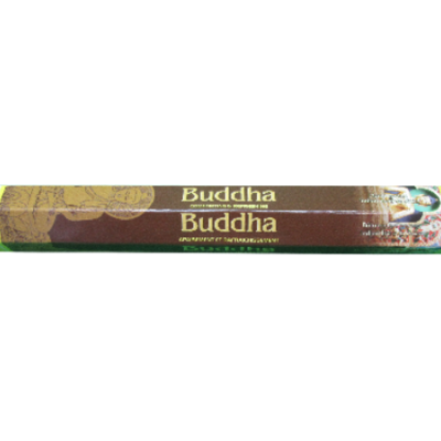 Incenso Buddha em embalagem castanha e verde com texto