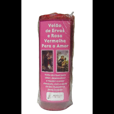 Vela rosa embalada com etiqueta rosa com texto e imagens religiosas