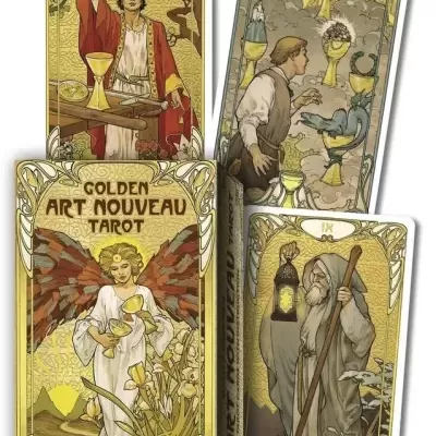 Cartas de tarot Golden Art Nouveau com desenhos dourados e amarelos, figuras humanas e elementos naturais em caixa decorada.