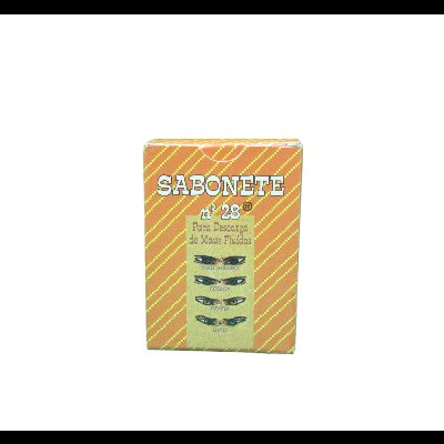 Embalagem de sabonete N° 28 com riscas laranja e amarelas e texto