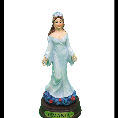 Estatueta de Iemanjá com vestido azul claro e base decorada