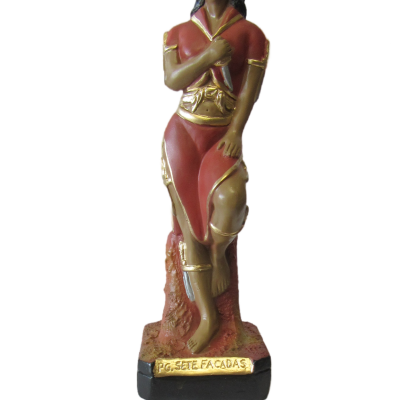 Estátua decorativa de mulher em vestido vermelho com detalhes dourados