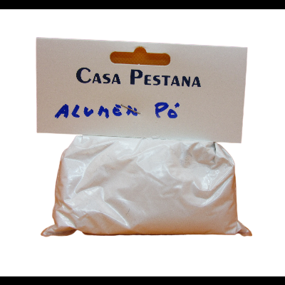 Pacote de pó branco com etiqueta CASA PESTANA ALUMÉM PÓ