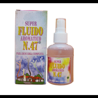 Frasco de spray rosa claro com embalagem de papel com texto SUPER FLUIDO AROMATICO N. 47