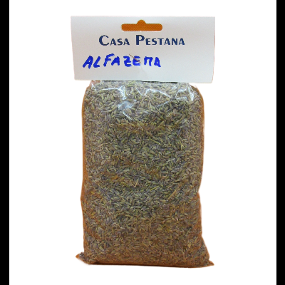 Saco de sementes com etiqueta branca e texto CASA PESTANA ALFAZEMA