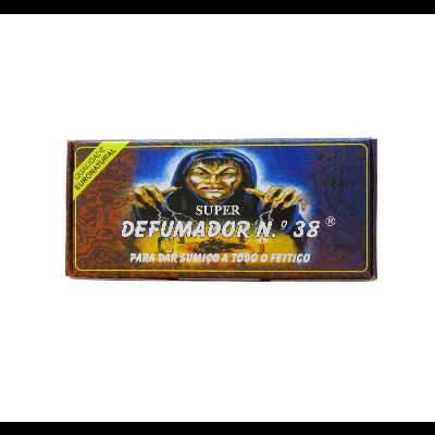 Caixa azul de SUPER DEFUMADOR Nº 38 com figura encapuzada e texto em amarelo e branco.