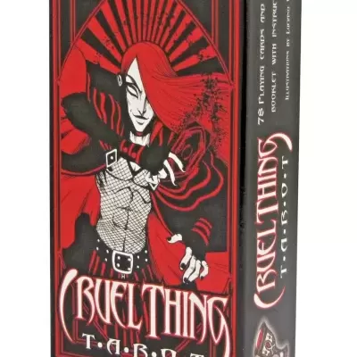 Caixa de baralho CRUEL THINGS T.A.B.O.T com ilustração vermelho e preto.