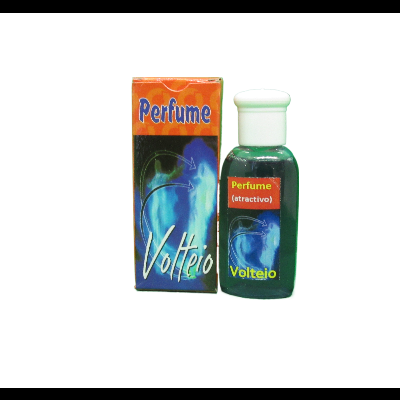 frasco pequeno de perfume verde com rótulo vermelho e caixa colorida