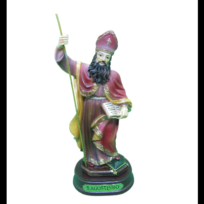 Estátua pintada de S. Agostinho com cajado e livro sobre base