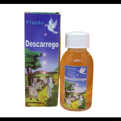 Frasco pequeno com líquido âmbar e caixa azul do produto 'Fluido Descarrego' com ilustrações e texto.