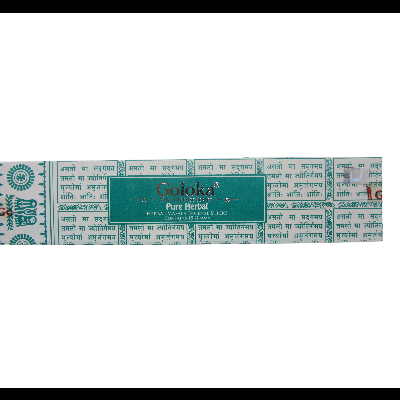 Embalagem de incenso Goloka Pure Herbal verde com texto dourado e texto em sânscrito
