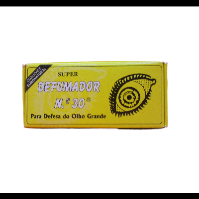 Caixa amarela de defumador com texto e ilustração de olho