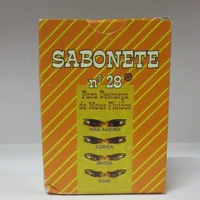 Embalagem de sabonete n.º 28 com riscas laranja e amarelas e texto preto