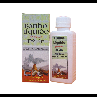 Frasco branco com tampa e caixa verde e laranja de Banho Líquido de Ervas Nº 46