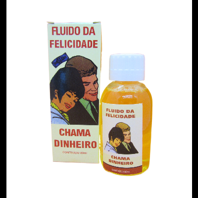 Frasco e caixa de fluido com design retro e texto 'FLUIDO DA FELICIDADE CHAMA DINHEIRO'
