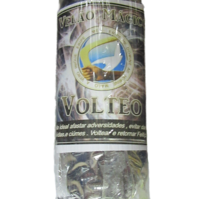 Vela mágica Volteo embalada em plástico com rótulo preto e cinza