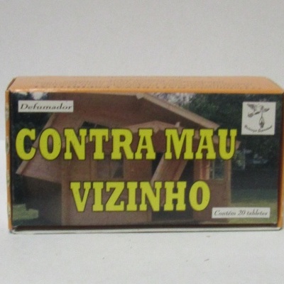 Caixa de papel para produtos com texto CONTRA MAU VIZINHO em amarelo