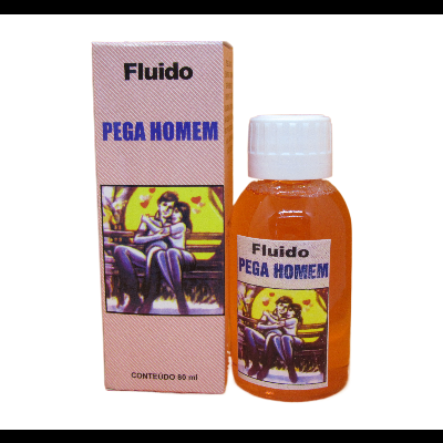 Frasco pequeno de vidro com líquido laranja e caixa rosa com texto e imagem de casal sentado