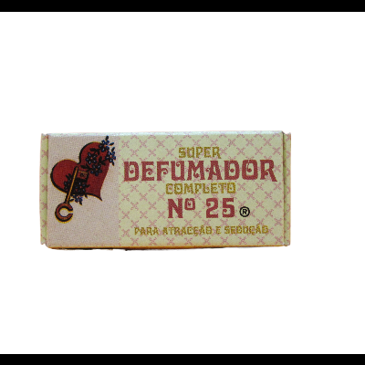 Embalagem de Super Defumador Completo Nº 25 com texto dourado e logótipo de coração vermelho com chave preta.