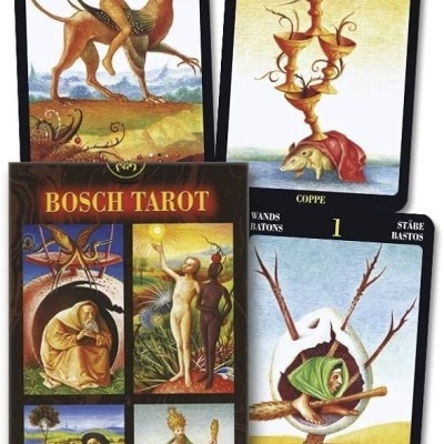 Cartas de tarô ilustradas com cinco cartas visíveis e uma caixa do BOSCH TAROT.